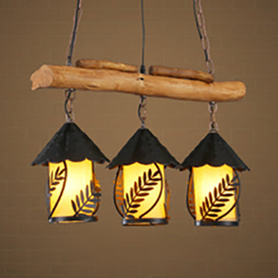 Lantern Island Lighting with Leaf Design and Wooden Beam Rustic Loft Metallic 3 Heads Pendant Lamp Black Fabric Clearhalo 'Ceiling Lights' 'Glass shade' 'Glass' 'Island Lights' Lighting' 23547