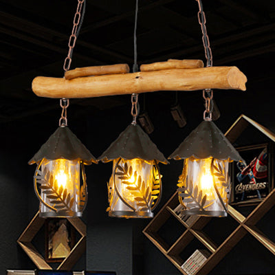 Lantern Island Lighting with Leaf Design and Wooden Beam Rustic Loft Metallic 3 Heads Pendant Lamp Black Glass Clearhalo 'Ceiling Lights' 'Glass shade' 'Glass' 'Island Lights' Lighting' 23548