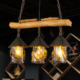 Lantern Island Lighting with Leaf Design and Wooden Beam Rustic Loft Metallic 3 Heads Pendant Lamp Black Glass Clearhalo 'Ceiling Lights' 'Glass shade' 'Glass' 'Island Lights' Lighting' 23548