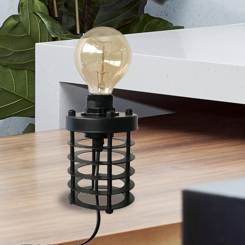 1 Head Table Lamp Industrial Stylish Cylinder/Barrel Metal Table Light with Cage Base in Black for Coffee Shop Black Cylinder Clearhalo 'Lamps' 'Table Lamps' Lighting' 235510
