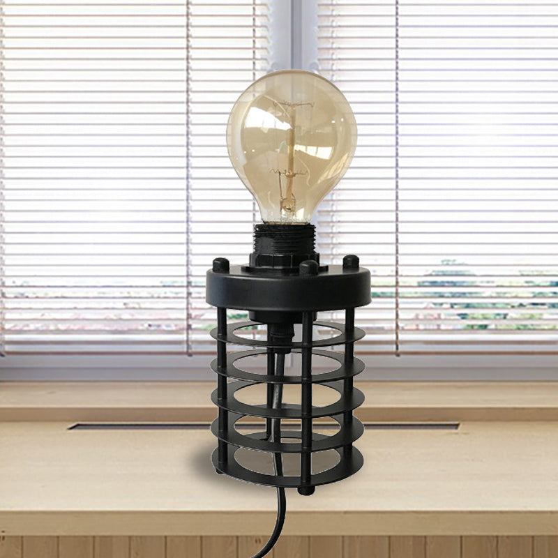 1 Head Table Lamp Industrial Stylish Cylinder/Barrel Metal Table Light with Cage Base in Black for Coffee Shop Clearhalo 'Lamps' 'Table Lamps' Lighting' 235511