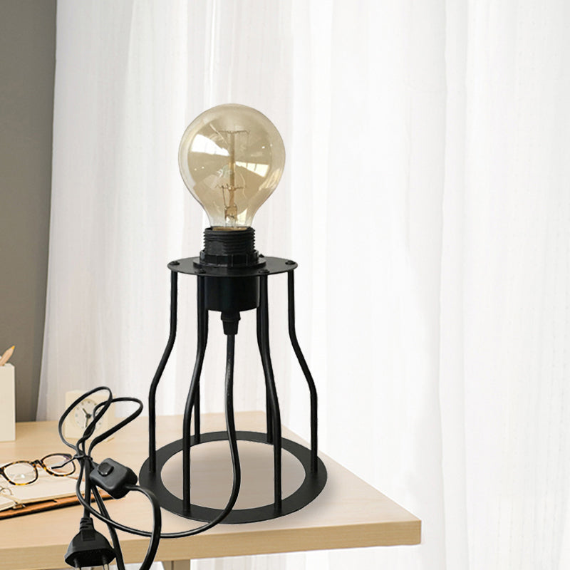 1 Head Table Lamp Industrial Stylish Cylinder/Barrel Metal Table Light with Cage Base in Black for Coffee Shop Clearhalo 'Lamps' 'Table Lamps' Lighting' 235513