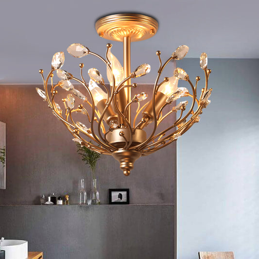 Metal Branch Semi Flush Light Contemporary 3 Lights Gold Ceiling Mount Light with Crystal Leaf Gold Clearhalo 'Ceiling Lights' 'Close To Ceiling Lights' 'Close to ceiling' 'Semi-flushmount' Lighting' 235514