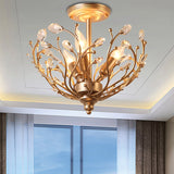 Metal Branch Semi Flush Light Contemporary 3 Lights Gold Ceiling Mount Light with Crystal Leaf Clearhalo 'Ceiling Lights' 'Close To Ceiling Lights' 'Close to ceiling' 'Semi-flushmount' Lighting' 235515