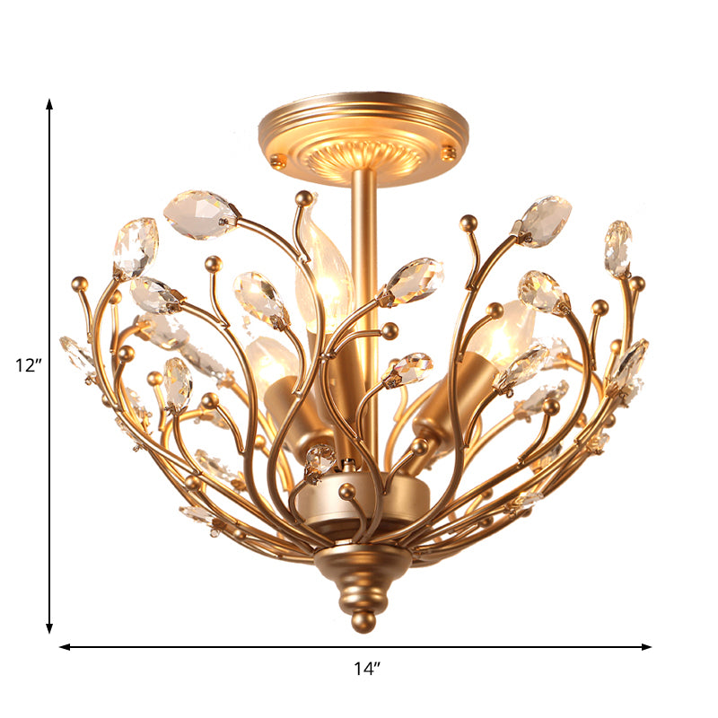 Metal Branch Semi Flush Light Contemporary 3 Lights Gold Ceiling Mount Light with Crystal Leaf Clearhalo 'Ceiling Lights' 'Close To Ceiling Lights' 'Close to ceiling' 'Semi-flushmount' Lighting' 235517