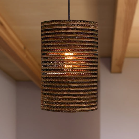 1 Light Corrugated Paper Hanging Lamp Asian Style Brown High Waist Shade Restaurant Pendant Light Brown Cylinder Clearhalo 'Ceiling Lights' 'Modern Pendants' 'Modern' 'Pendant Lights' 'Pendants' Lighting' 235599