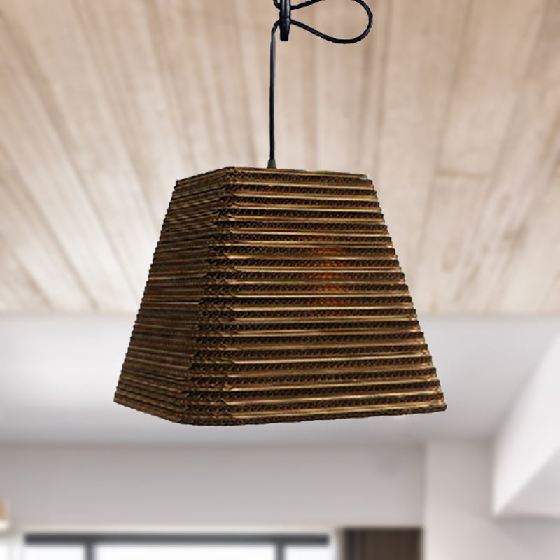 1 Light Corrugated Paper Hanging Lamp Asian Style Brown High Waist Shade Restaurant Pendant Light Brown Trapezoid Clearhalo 'Ceiling Lights' 'Modern Pendants' 'Modern' 'Pendant Lights' 'Pendants' Lighting' 235603