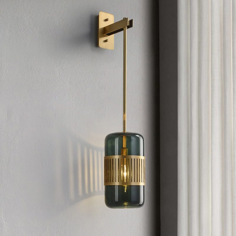 Postmodern Wall Light Fixture Brass Cylindrical Wall Sconce Lighting with Glass Shade Clearhalo 'Cast Iron' 'Glass' 'Industrial' 'Modern wall lights' 'Modern' 'Tiffany' 'Traditional wall lights' 'Wall Lamps & Sconces' 'Wall Lights' Lighting' 2356787
