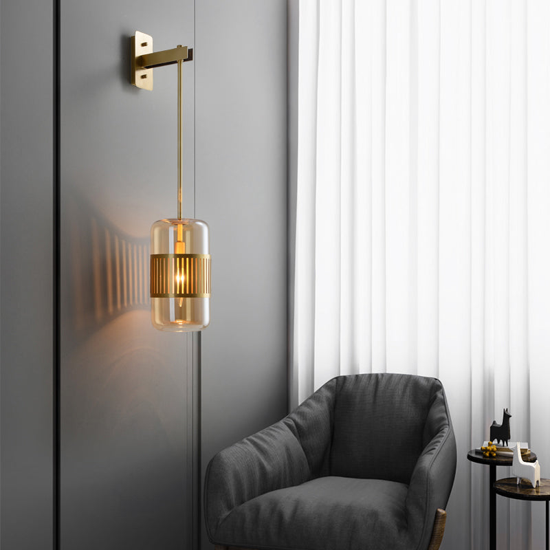 Postmodern Wall Light Fixture Brass Cylindrical Wall Sconce Lighting with Glass Shade Clearhalo 'Cast Iron' 'Glass' 'Industrial' 'Modern wall lights' 'Modern' 'Tiffany' 'Traditional wall lights' 'Wall Lamps & Sconces' 'Wall Lights' Lighting' 2356788