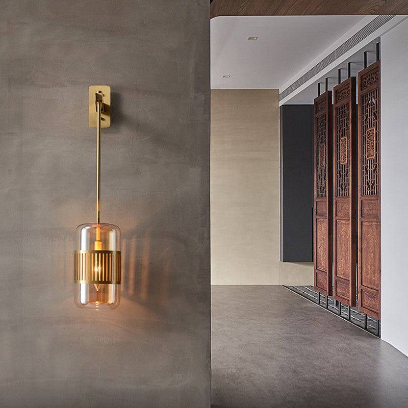 Postmodern Wall Light Fixture Brass Cylindrical Wall Sconce Lighting with Glass Shade Clearhalo 'Cast Iron' 'Glass' 'Industrial' 'Modern wall lights' 'Modern' 'Tiffany' 'Traditional wall lights' 'Wall Lamps & Sconces' 'Wall Lights' Lighting' 2356789