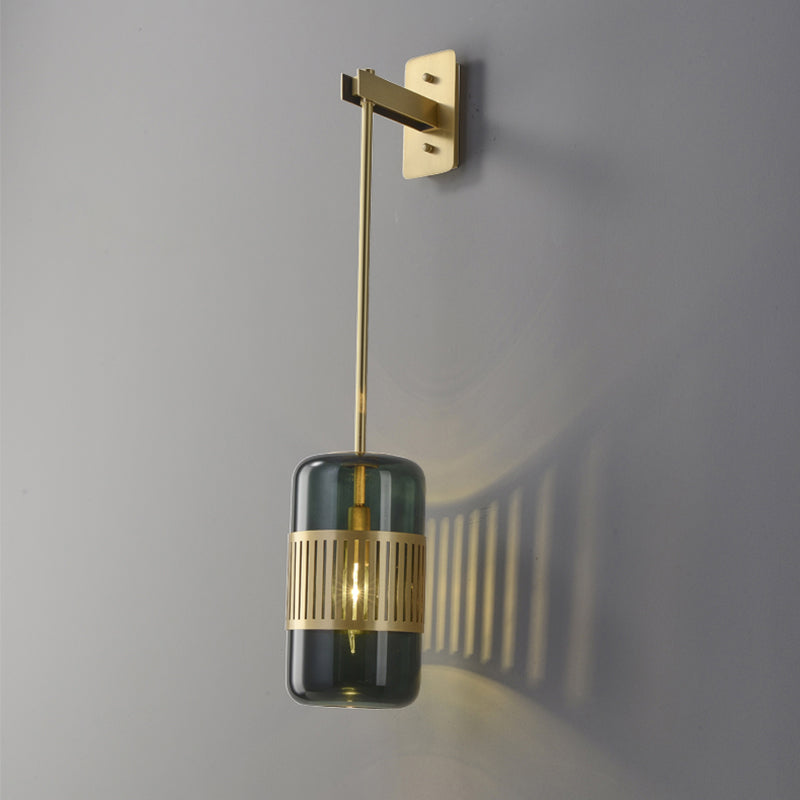 Postmodern Wall Light Fixture Brass Cylindrical Wall Sconce Lighting with Glass Shade Clearhalo 'Cast Iron' 'Glass' 'Industrial' 'Modern wall lights' 'Modern' 'Tiffany' 'Traditional wall lights' 'Wall Lamps & Sconces' 'Wall Lights' Lighting' 2356790