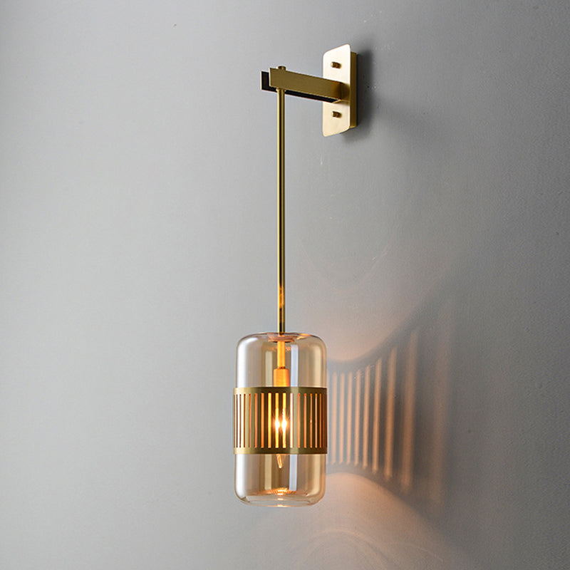 Postmodern Wall Light Fixture Brass Cylindrical Wall Sconce Lighting with Glass Shade Clearhalo 'Cast Iron' 'Glass' 'Industrial' 'Modern wall lights' 'Modern' 'Tiffany' 'Traditional wall lights' 'Wall Lamps & Sconces' 'Wall Lights' Lighting' 2356791