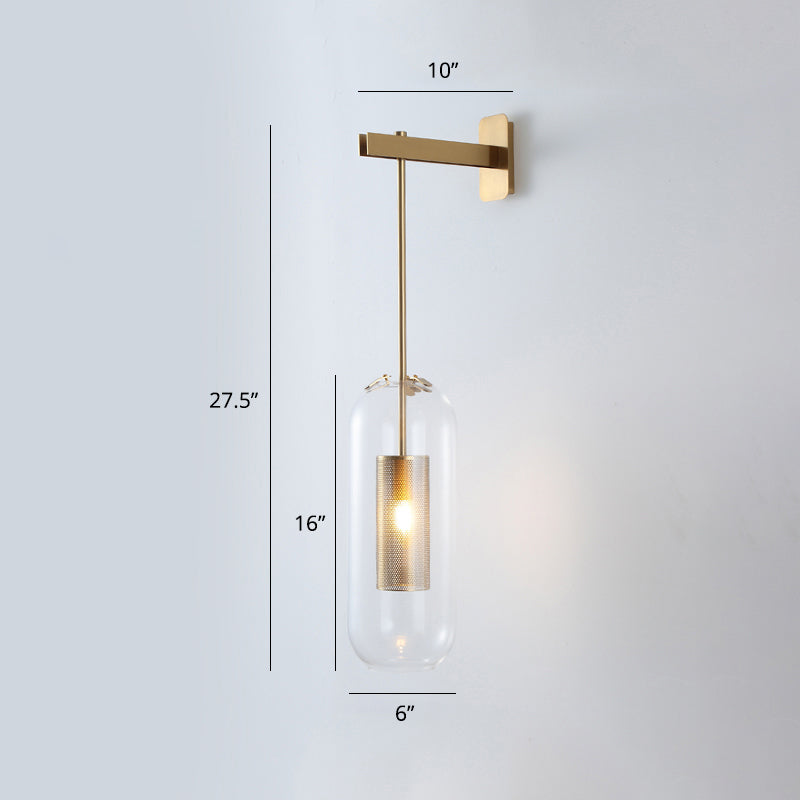 Pill Capsule Glass Wall Lamp Post-Modern 1 Head Brass Sconce Light Fixture with Mesh Guard Clear Short Arm Clearhalo 'Cast Iron' 'Glass' 'Industrial' 'Modern wall lights' 'Modern' 'Tiffany' 'Traditional wall lights' 'Wall Lamps & Sconces' 'Wall Lights' Lighting' 2356796