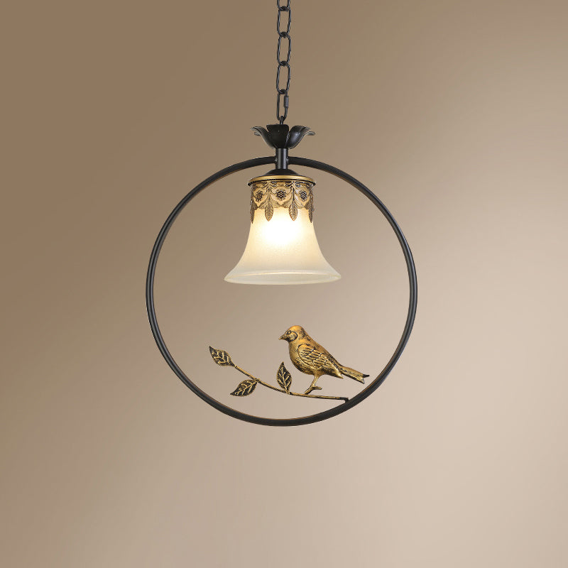 Rustic Flared Pendant Light Fixture Single Frosted Glass Hanging Lamp with Bird and Ring in Black-Bronze Clearhalo 'Ceiling Lights' 'Pendant Lights' 'Pendants' Lighting' 2356863