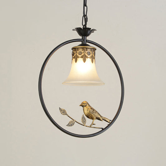 Rustic Flared Pendant Light Fixture Single Frosted Glass Hanging Lamp with Bird and Ring in Black-Bronze Clearhalo 'Ceiling Lights' 'Pendant Lights' 'Pendants' Lighting' 2356865