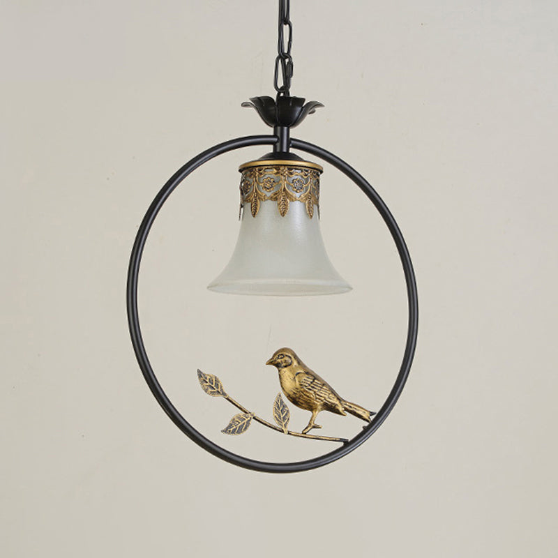 Rustic Flared Pendant Light Fixture Single Frosted Glass Hanging Lamp with Bird and Ring in Black-Bronze Clearhalo 'Ceiling Lights' 'Pendant Lights' 'Pendants' Lighting' 2356866