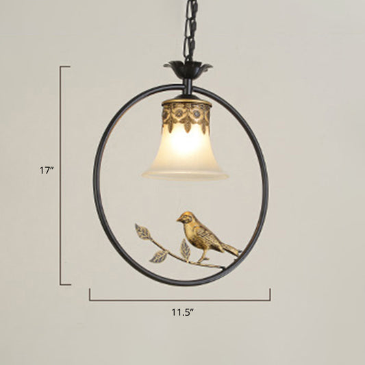 Rustic Flared Pendant Light Fixture Single Frosted Glass Hanging Lamp with Bird and Ring in Black-Bronze Clearhalo 'Ceiling Lights' 'Pendant Lights' 'Pendants' Lighting' 2356867