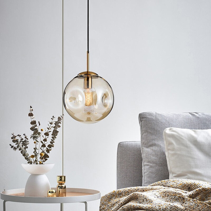 Dimpled Glass Globe Pendant Lamp Postmodern 1-Light Brass Hanging Light for Bedroom Clearhalo 'Ceiling Lights' 'Modern Pendants' 'Modern' 'Pendant Lights' 'Pendants' Lighting' 2356952