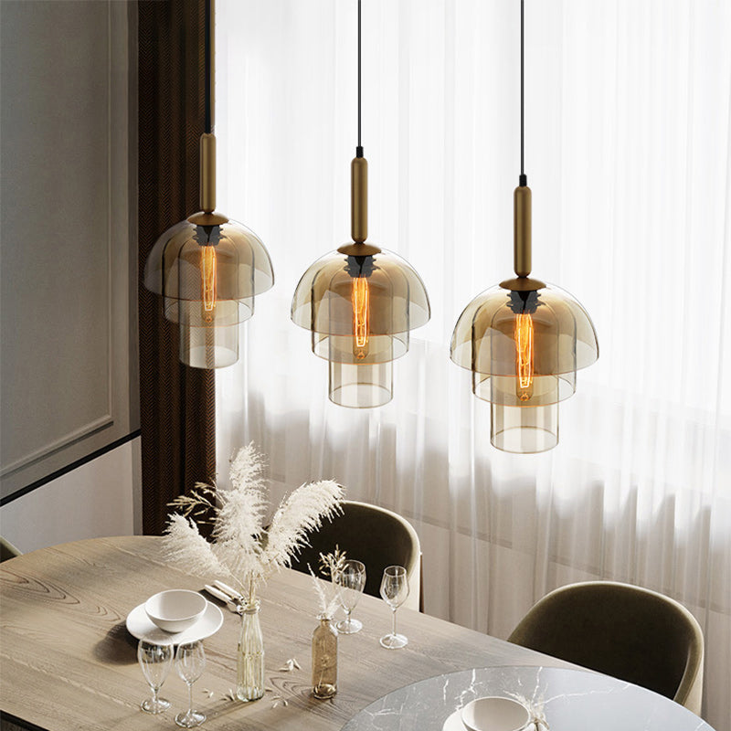 Postmodern 3-Shade Pendant Cognac Glass 1 Bulb Dining Room Hanging Light Fixture in Brass Clearhalo 'Ceiling Lights' 'Glass shade' 'Glass' 'Modern Pendants' 'Modern' 'Pendant Lights' 'Pendants' Lighting' 2356995