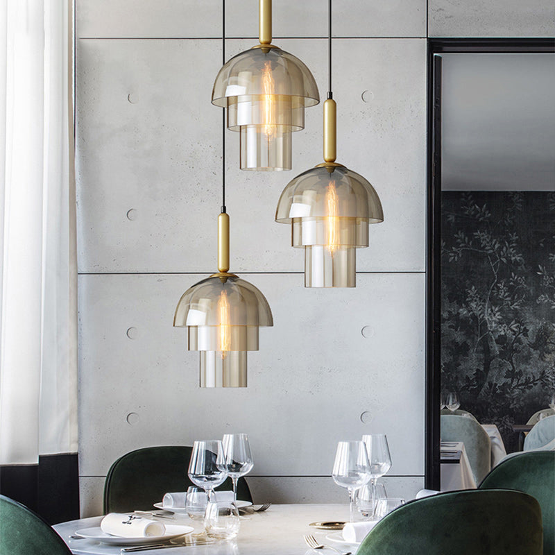 Postmodern 3-Shade Pendant Cognac Glass 1 Bulb Dining Room Hanging Light Fixture in Brass Clearhalo 'Ceiling Lights' 'Glass shade' 'Glass' 'Modern Pendants' 'Modern' 'Pendant Lights' 'Pendants' Lighting' 2356998