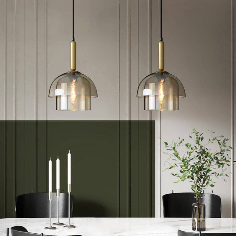 Postmodern 3-Shade Pendant Cognac Glass 1 Bulb Dining Room Hanging Light Fixture in Brass Clearhalo 'Ceiling Lights' 'Glass shade' 'Glass' 'Modern Pendants' 'Modern' 'Pendant Lights' 'Pendants' Lighting' 2356999