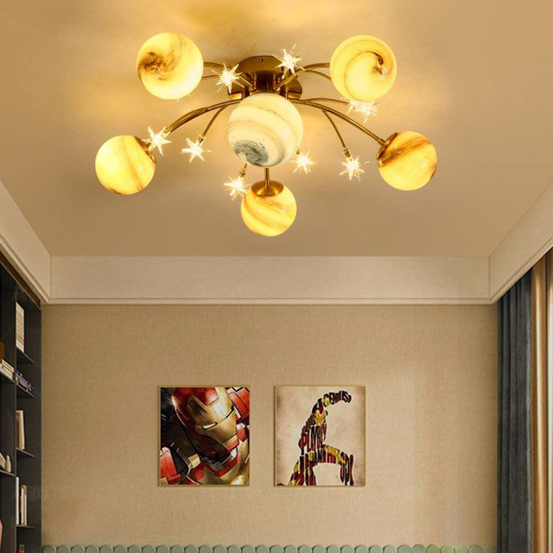 Brass Space Planet Flush Light Postmodern Multicolored Glass Semi-Flush Mount Ceiling Light Brass 27" Clearhalo 'Ceiling Lights' 'Close To Ceiling Lights' 'Close to ceiling' 'Semi-flushmount' Lighting' 2357126