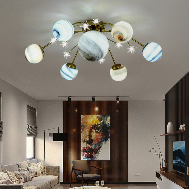 Brass Space Planet Flush Light Postmodern Multicolored Glass Semi-Flush Mount Ceiling Light Clearhalo 'Ceiling Lights' 'Close To Ceiling Lights' 'Close to ceiling' 'Semi-flushmount' Lighting' 2357128