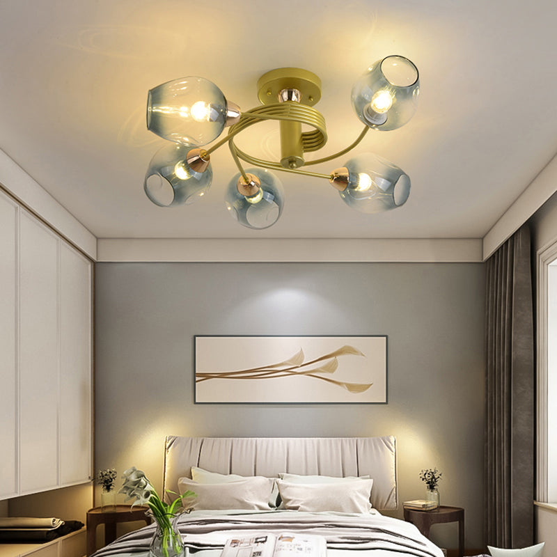 Postmodern Ceiling Flush Mount Spiraling Semi Flush Light with Dimpled Glass Shade for Bedroom 5 Gold Blue Clearhalo 'Ceiling Lights' 'Close To Ceiling Lights' 'Close to ceiling' 'Semi-flushmount' Lighting' 2357147