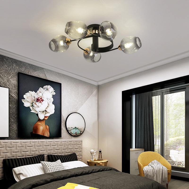 Postmodern Ceiling Flush Mount Spiraling Semi Flush Light with Dimpled Glass Shade for Bedroom 5 Black Smoke Grey Clearhalo 'Ceiling Lights' 'Close To Ceiling Lights' 'Close to ceiling' 'Semi-flushmount' Lighting' 2357148
