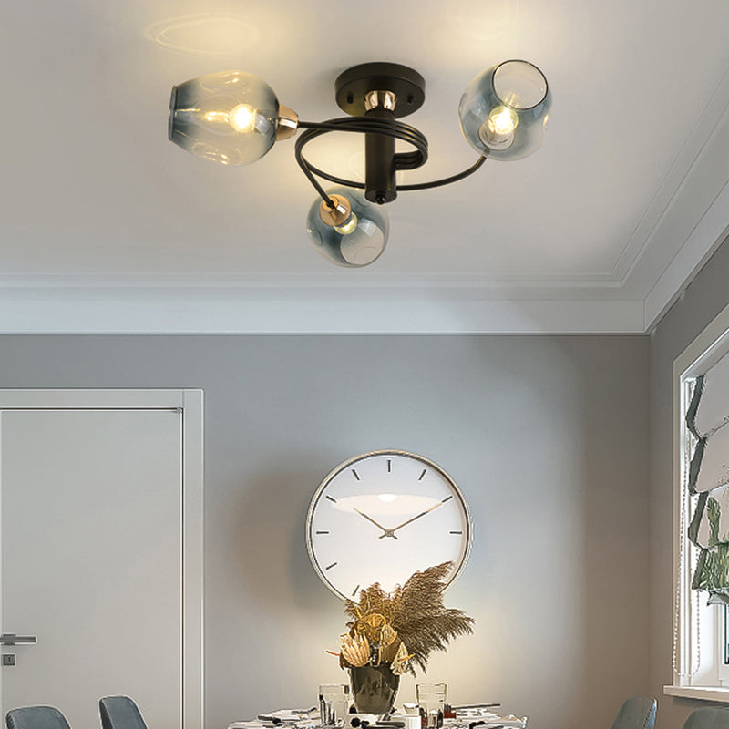 Postmodern Ceiling Flush Mount Spiraling Semi Flush Light with Dimpled Glass Shade for Bedroom 3 Black Blue Clearhalo 'Ceiling Lights' 'Close To Ceiling Lights' 'Close to ceiling' 'Semi-flushmount' Lighting' 2357150