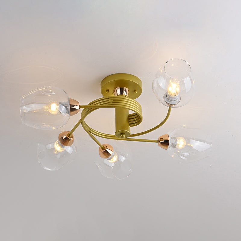 Postmodern Ceiling Flush Mount Spiraling Semi Flush Light with Dimpled Glass Shade for Bedroom 5 Gold Clear Clearhalo 'Ceiling Lights' 'Close To Ceiling Lights' 'Close to ceiling' 'Semi-flushmount' Lighting' 2357151