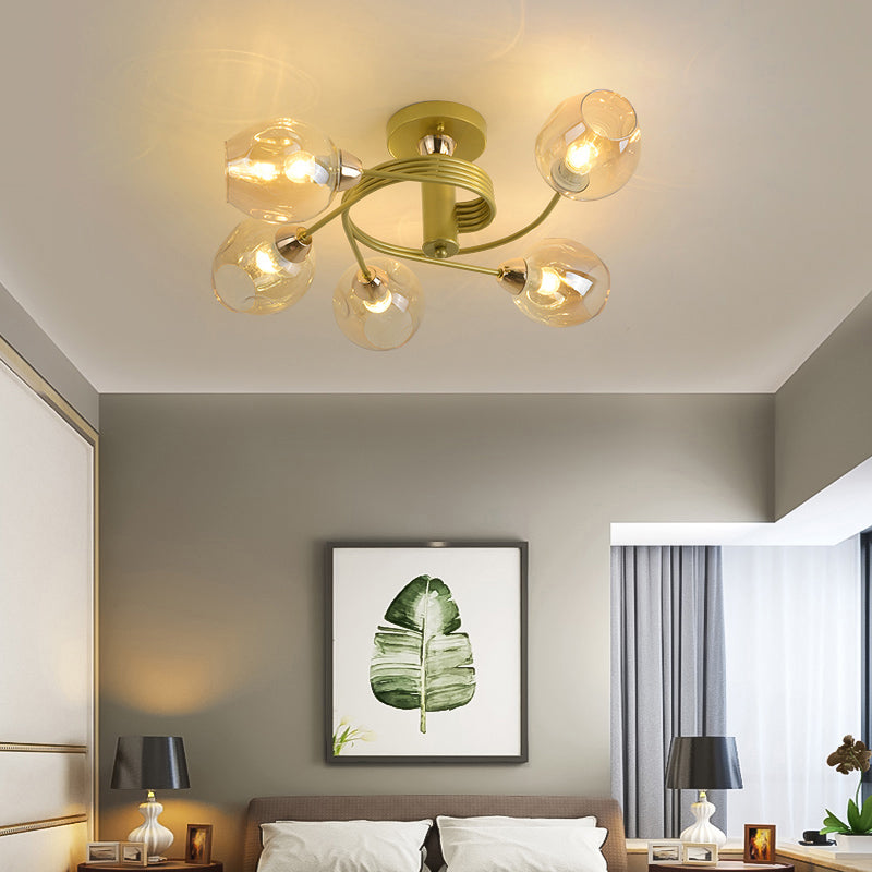 Postmodern Ceiling Flush Mount Spiraling Semi Flush Light with Dimpled Glass Shade for Bedroom 5 Gold Cognac Clearhalo 'Ceiling Lights' 'Close To Ceiling Lights' 'Close to ceiling' 'Semi-flushmount' Lighting' 2357152