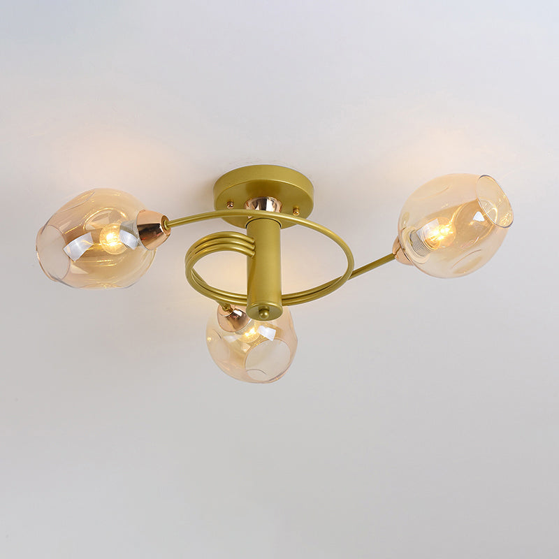 Postmodern Ceiling Flush Mount Spiraling Semi Flush Light with Dimpled Glass Shade for Bedroom 3 Gold Cognac Clearhalo 'Ceiling Lights' 'Close To Ceiling Lights' 'Close to ceiling' 'Semi-flushmount' Lighting' 2357153