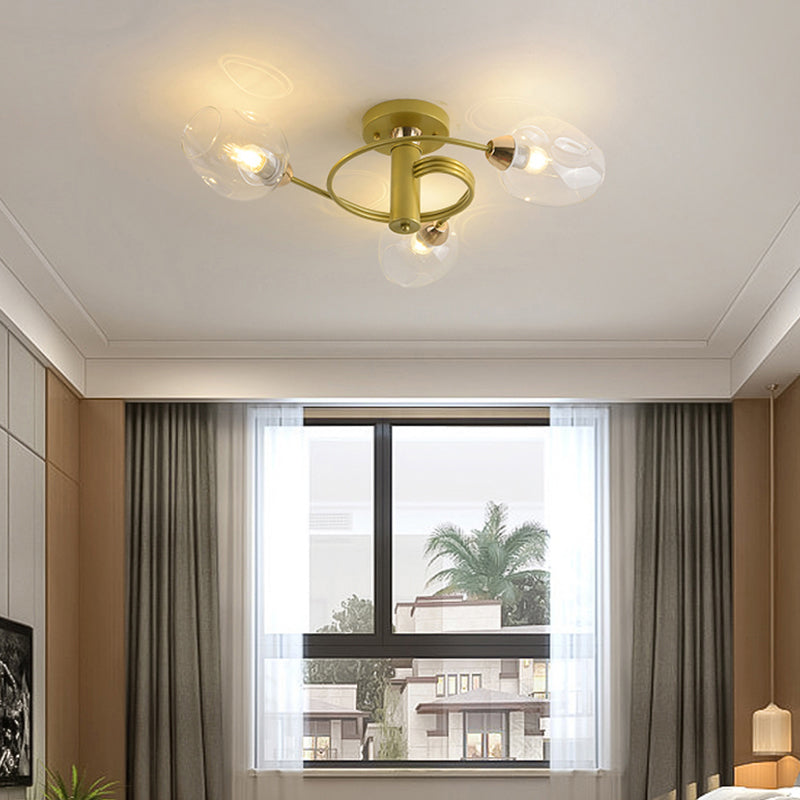 Postmodern Ceiling Flush Mount Spiraling Semi Flush Light with Dimpled Glass Shade for Bedroom 3 Gold Clear Clearhalo 'Ceiling Lights' 'Close To Ceiling Lights' 'Close to ceiling' 'Semi-flushmount' Lighting' 2357154