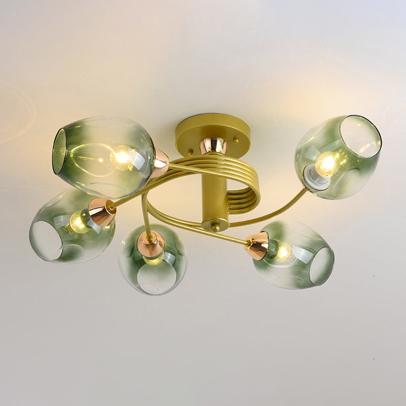 Postmodern Ceiling Flush Mount Spiraling Semi Flush Light with Dimpled Glass Shade for Bedroom 5 Gold Green Clearhalo 'Ceiling Lights' 'Close To Ceiling Lights' 'Close to ceiling' 'Semi-flushmount' Lighting' 2357155