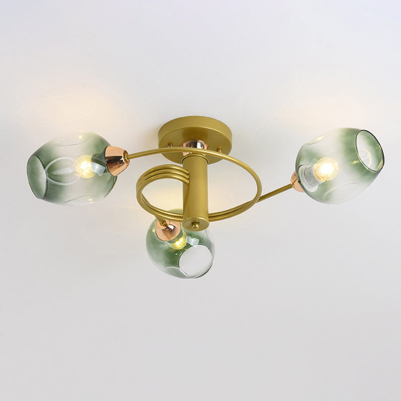 Postmodern Ceiling Flush Mount Spiraling Semi Flush Light with Dimpled Glass Shade for Bedroom 3 Gold Green Clearhalo 'Ceiling Lights' 'Close To Ceiling Lights' 'Close to ceiling' 'Semi-flushmount' Lighting' 2357157