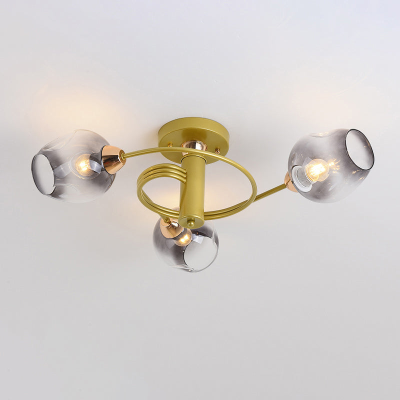 Postmodern Ceiling Flush Mount Spiraling Semi Flush Light with Dimpled Glass Shade for Bedroom 3 Gold Smoke Grey Clearhalo 'Ceiling Lights' 'Close To Ceiling Lights' 'Close to ceiling' 'Semi-flushmount' Lighting' 2357158