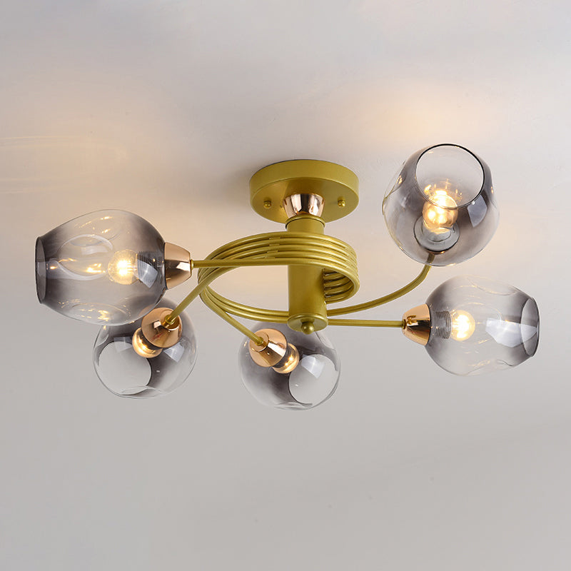 Postmodern Ceiling Flush Mount Spiraling Semi Flush Light with Dimpled Glass Shade for Bedroom 5 Gold Smoke Grey Clearhalo 'Ceiling Lights' 'Close To Ceiling Lights' 'Close to ceiling' 'Semi-flushmount' Lighting' 2357159
