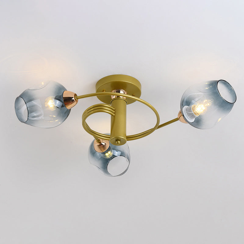 Postmodern Ceiling Flush Mount Spiraling Semi Flush Light with Dimpled Glass Shade for Bedroom 3 Gold Blue Clearhalo 'Ceiling Lights' 'Close To Ceiling Lights' 'Close to ceiling' 'Semi-flushmount' Lighting' 2357160