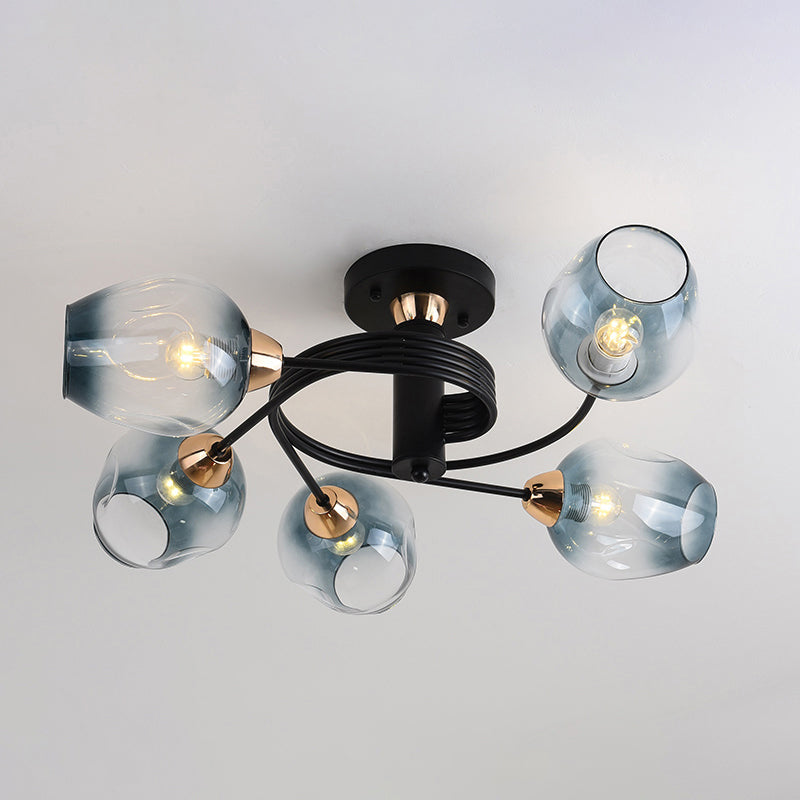 Postmodern Ceiling Flush Mount Spiraling Semi Flush Light with Dimpled Glass Shade for Bedroom 5 Black Blue Clearhalo 'Ceiling Lights' 'Close To Ceiling Lights' 'Close to ceiling' 'Semi-flushmount' Lighting' 2357161
