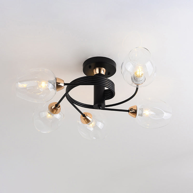 Postmodern Ceiling Flush Mount Spiraling Semi Flush Light with Dimpled Glass Shade for Bedroom 5 Black Clear Clearhalo 'Ceiling Lights' 'Close To Ceiling Lights' 'Close to ceiling' 'Semi-flushmount' Lighting' 2357162