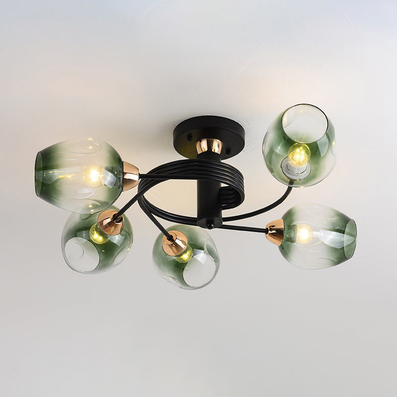 Postmodern Ceiling Flush Mount Spiraling Semi Flush Light with Dimpled Glass Shade for Bedroom 5 Black Green Clearhalo 'Ceiling Lights' 'Close To Ceiling Lights' 'Close to ceiling' 'Semi-flushmount' Lighting' 2357164