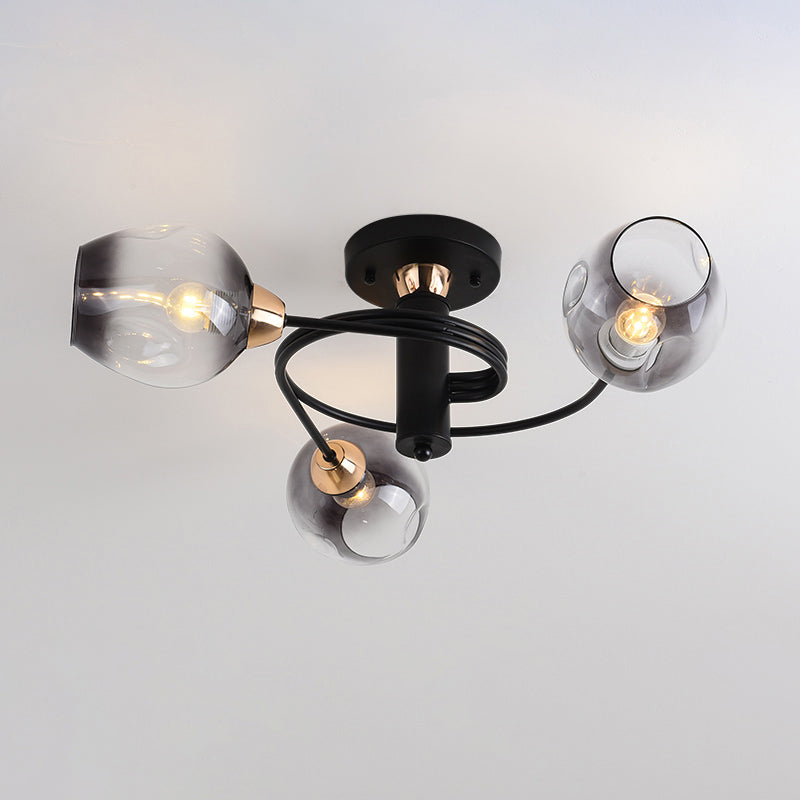 Postmodern Ceiling Flush Mount Spiraling Semi Flush Light with Dimpled Glass Shade for Bedroom 3 Black Smoke Grey Clearhalo 'Ceiling Lights' 'Close To Ceiling Lights' 'Close to ceiling' 'Semi-flushmount' Lighting' 2357165