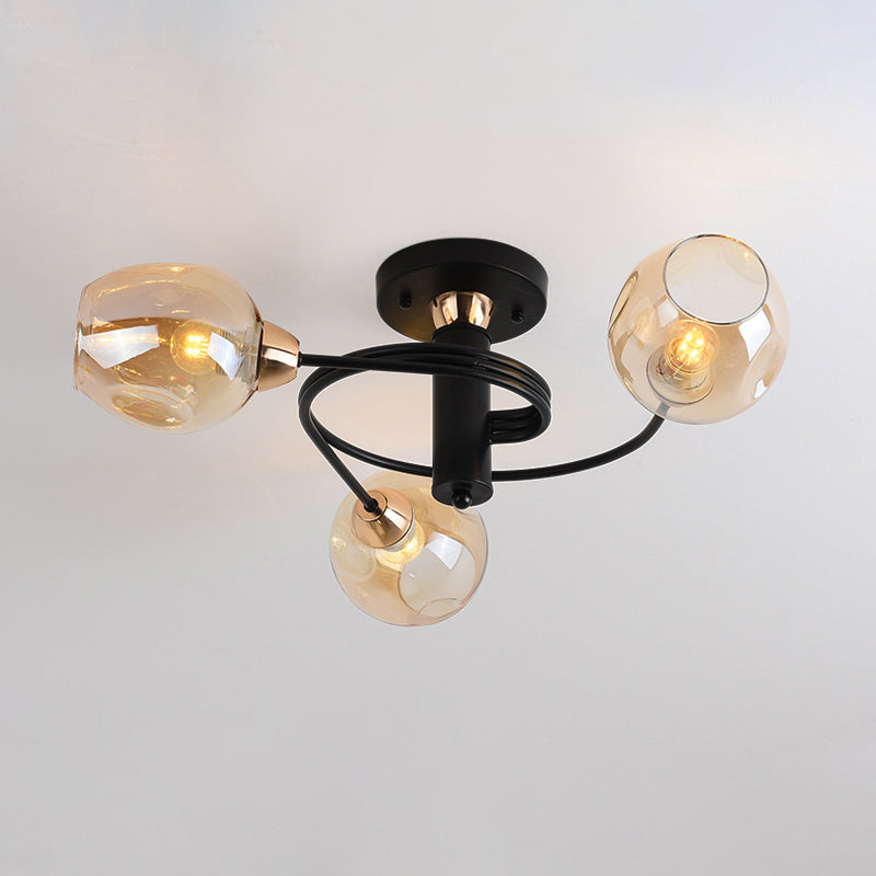 Postmodern Ceiling Flush Mount Spiraling Semi Flush Light with Dimpled Glass Shade for Bedroom 3 Black Cognac Clearhalo 'Ceiling Lights' 'Close To Ceiling Lights' 'Close to ceiling' 'Semi-flushmount' Lighting' 2357167