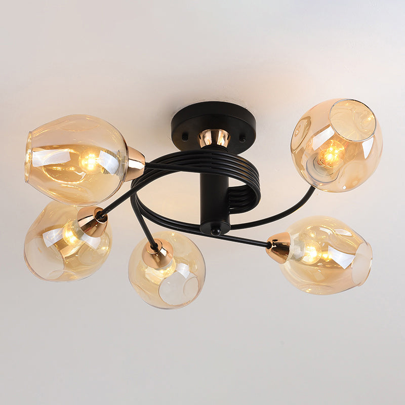 Postmodern Ceiling Flush Mount Spiraling Semi Flush Light with Dimpled Glass Shade for Bedroom 5 Black Cognac Clearhalo 'Ceiling Lights' 'Close To Ceiling Lights' 'Close to ceiling' 'Semi-flushmount' Lighting' 2357168