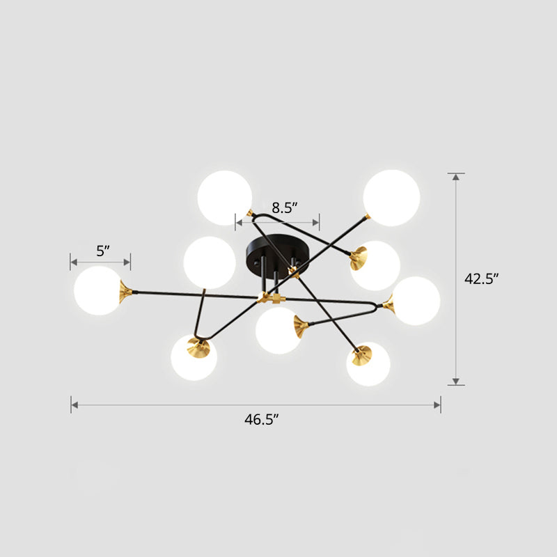 Milky Glass Ball Flush Chandelier Nordic Black-Brass Semi Flush Mount Lighting for Bedroom Clearhalo 'Ceiling Lights' 'Close To Ceiling Lights' 'Close to ceiling' 'Semi-flushmount' Lighting' 2357191