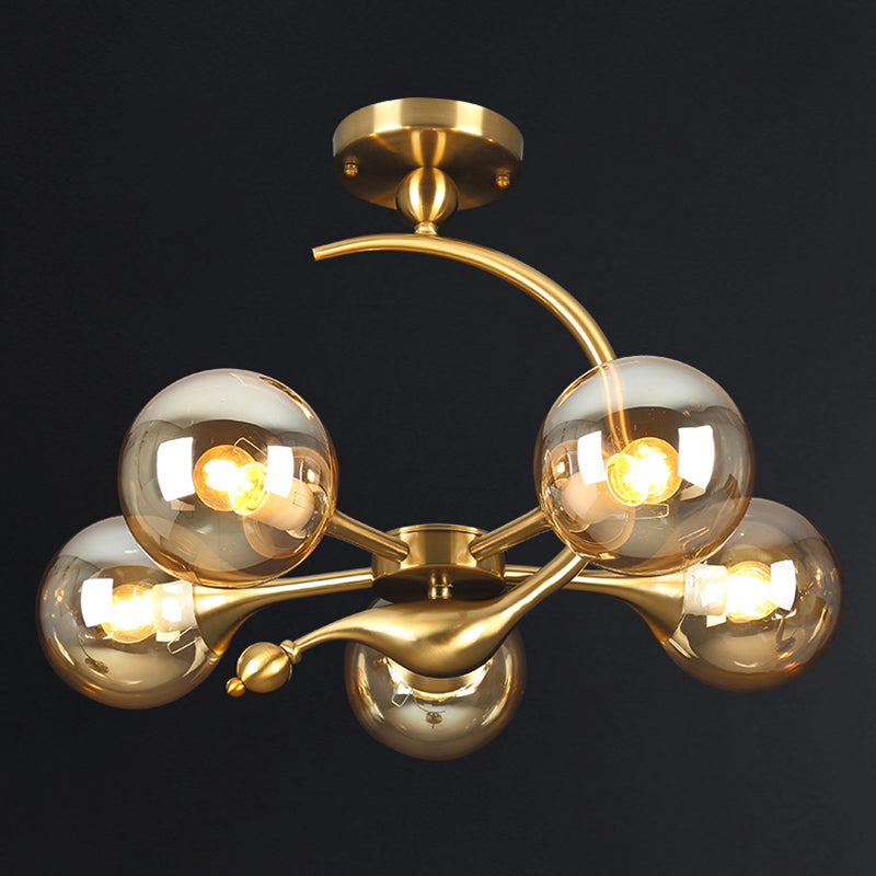 Brass Finish Ball Suspension Lamp Postmodernism Glass Chandelier Light for Living Room 5 Amber Clearhalo 'Ceiling Lights' 'Chandeliers' 'Modern Chandeliers' 'Modern' Lighting' 2357269