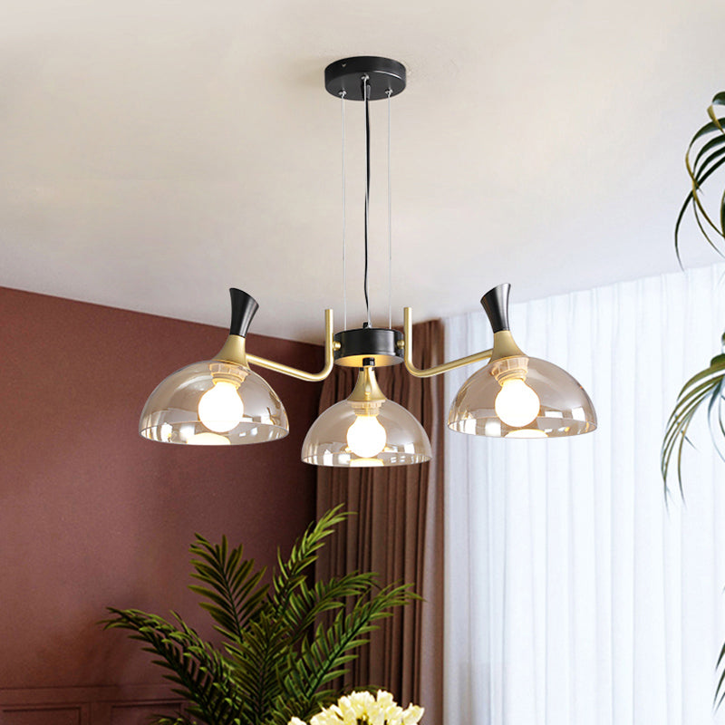 Bowl Shaped Restaurant Hanging Lighting Glass Postmodern Chandelier with Grip in Black-Brass 3 Amber Clearhalo 'Ceiling Lights' 'Chandeliers' 'Modern Chandeliers' 'Modern' Lighting' 2357279