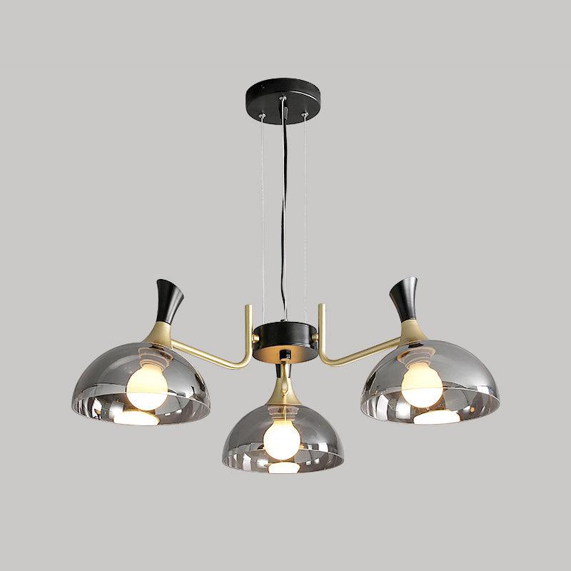 Bowl Shaped Restaurant Hanging Lighting Glass Postmodern Chandelier with Grip in Black-Brass 3 Smoke Gray Clearhalo 'Ceiling Lights' 'Chandeliers' 'Modern Chandeliers' 'Modern' Lighting' 2357280