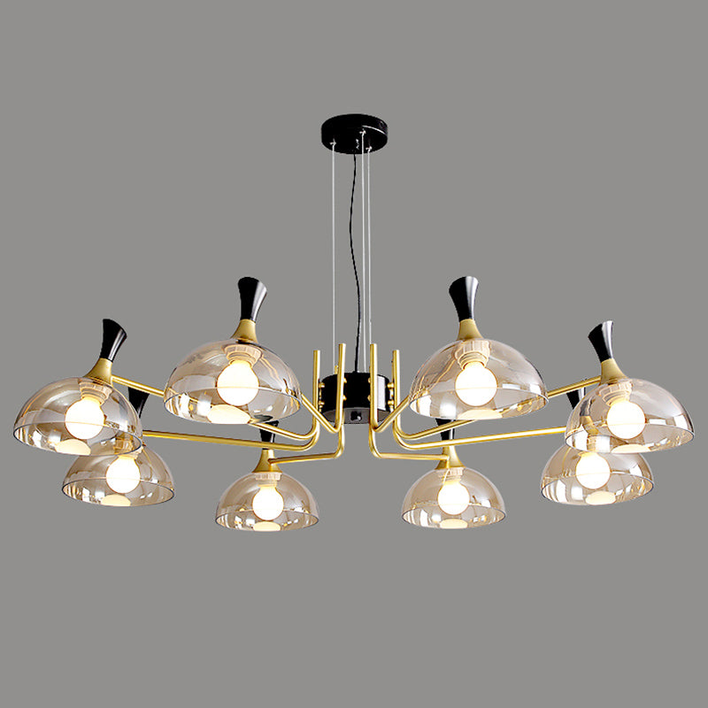 Bowl Shaped Restaurant Hanging Lighting Glass Postmodern Chandelier with Grip in Black-Brass 8 Amber Clearhalo 'Ceiling Lights' 'Chandeliers' 'Modern Chandeliers' 'Modern' Lighting' 2357282